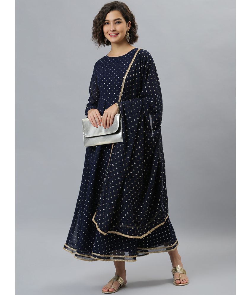     			Janasya Georgette Printed Flared Women's Kurti with Dupatta - Navy Blue ( Pack of 1 )