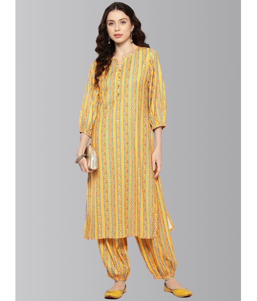     			Janasya Polyester Striped Kurti With Pants Women's Stitched Salwar Suit - Yellow ( Pack of 1 )