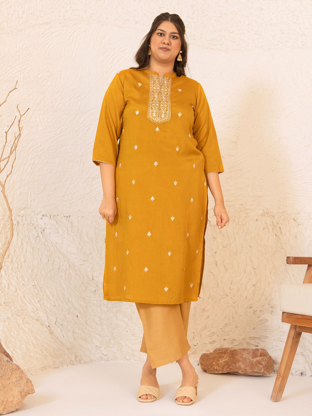     			Janasya Silk Blend Embroidered Straight Women's Kurti - Mustard ( Pack of 1 )