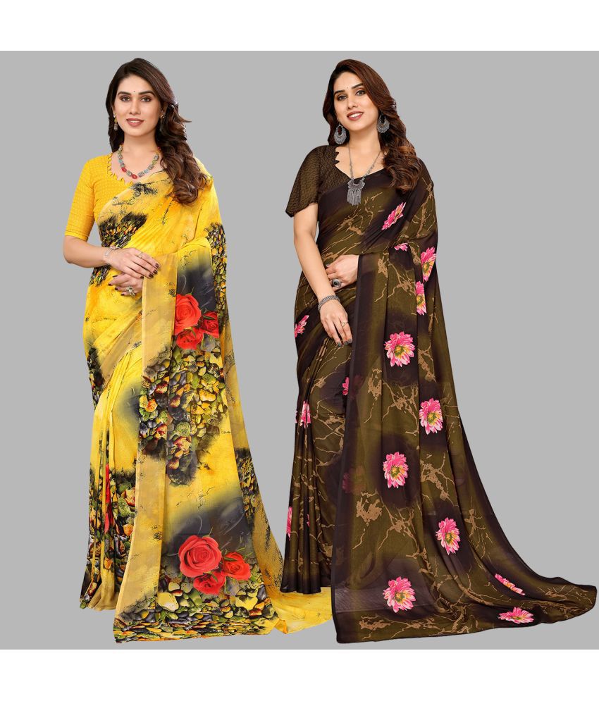     			Kashvi Sarees Georgette Printed Saree With Blouse Piece - Multicolour ( Pack of 2 )