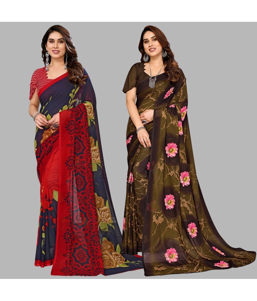     			Kashvi Sarees Georgette Printed Saree With Blouse Piece - Multicolour ( Pack of 2 )