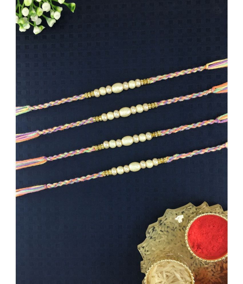     			THRIFTKART Rakhi Set White Moti Pearl with AD Stud Designer rakhi Pack of 4