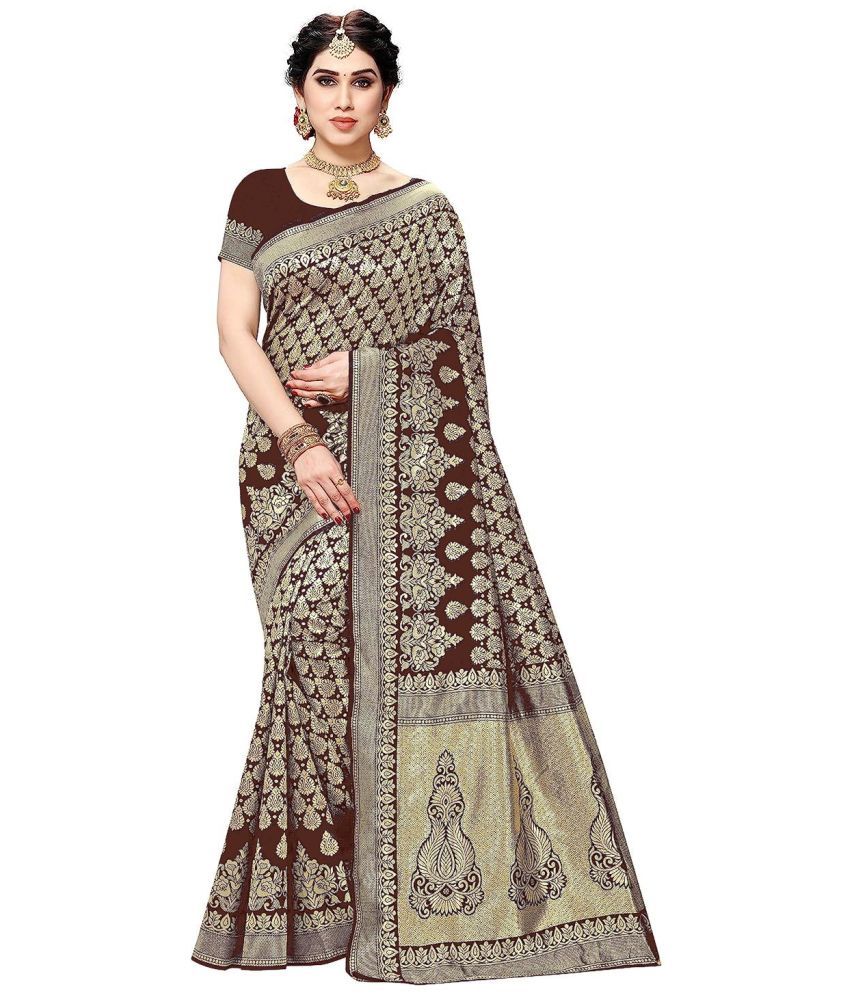     			Yashika Banarasi Silk Printed Saree With Blouse Piece - BROWN ( Pack of 1 )