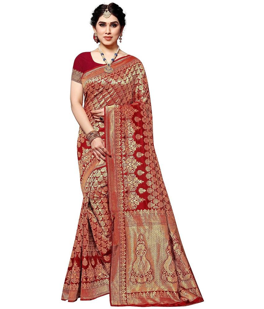     			Yashika Banarasi Silk Printed Saree With Blouse Piece - RED ( Pack of 1 )