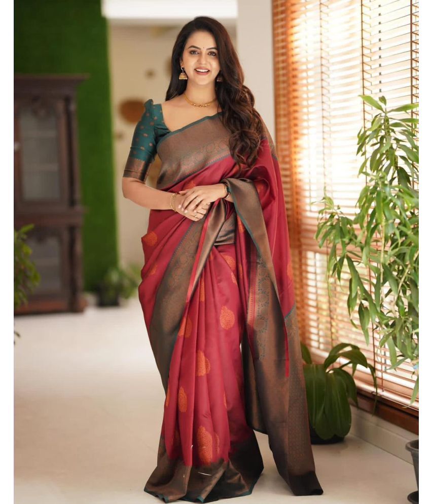     			Yashika Banarasi Silk Printed Saree With Blouse Piece - RED ( Pack of 1 )