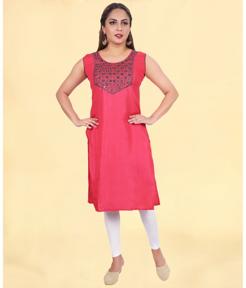     			Colorscube Cotton Silk Embellished Straight Women's Kurti - Coral ( Pack of 1 )