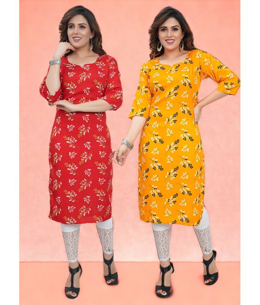     			Colorscube Crepe Printed Straight Women's Kurti - Red & Yellow ( Pack of 2 )