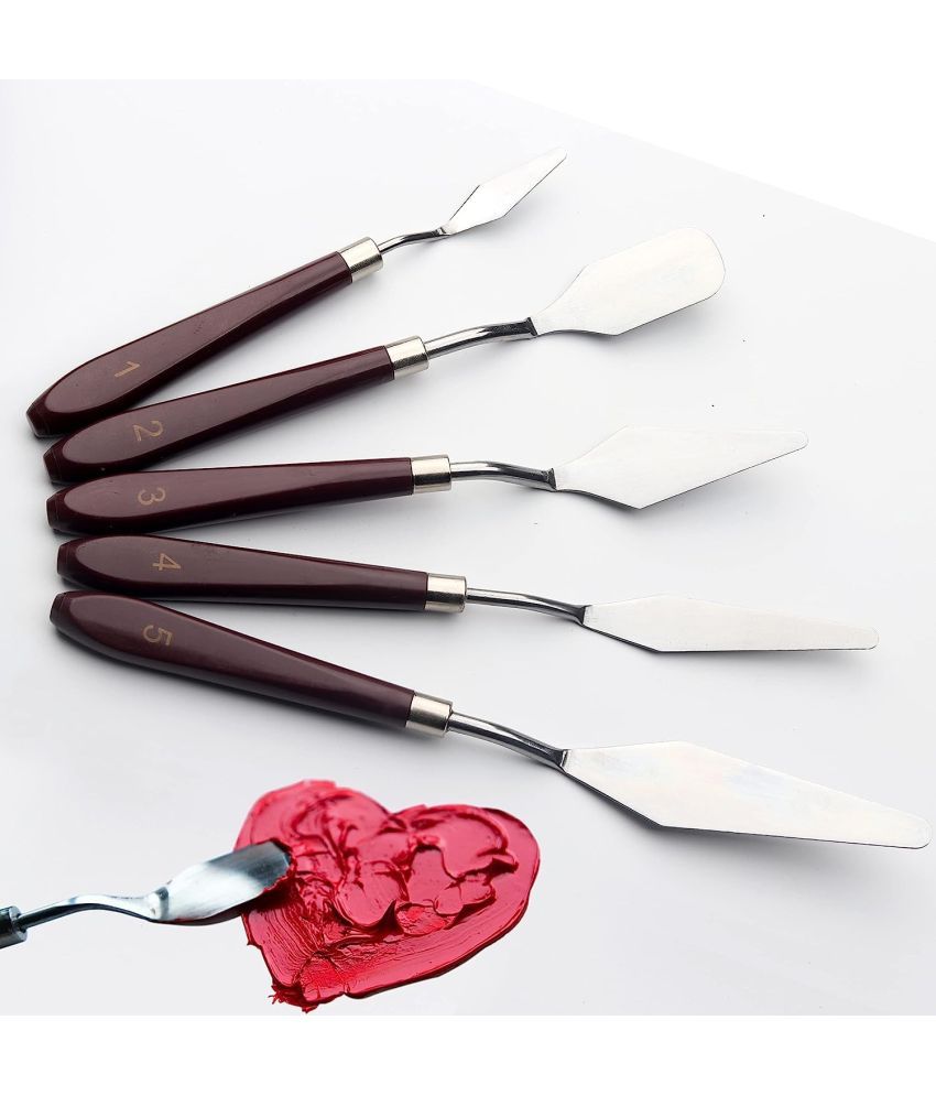     			ECLET Palette Painting Knives - Set of 5 Various Sizes & Shapes, Stainless Steel Scraper Spatula with Polished Brown Handle for Artist Canvas Oil Paint Mixing Colour(K)