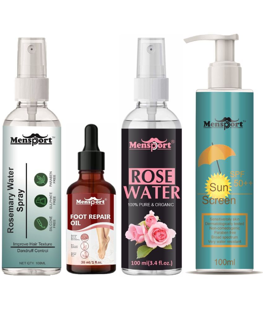     			Mensport Rosemary Water | Hair Spray For Hair Regrowth 100ml, Foot Repair Oil 30ml, Natural Rose Water 100ml & SPF 50++ Sunscreen 100ml - Set of 4 Items