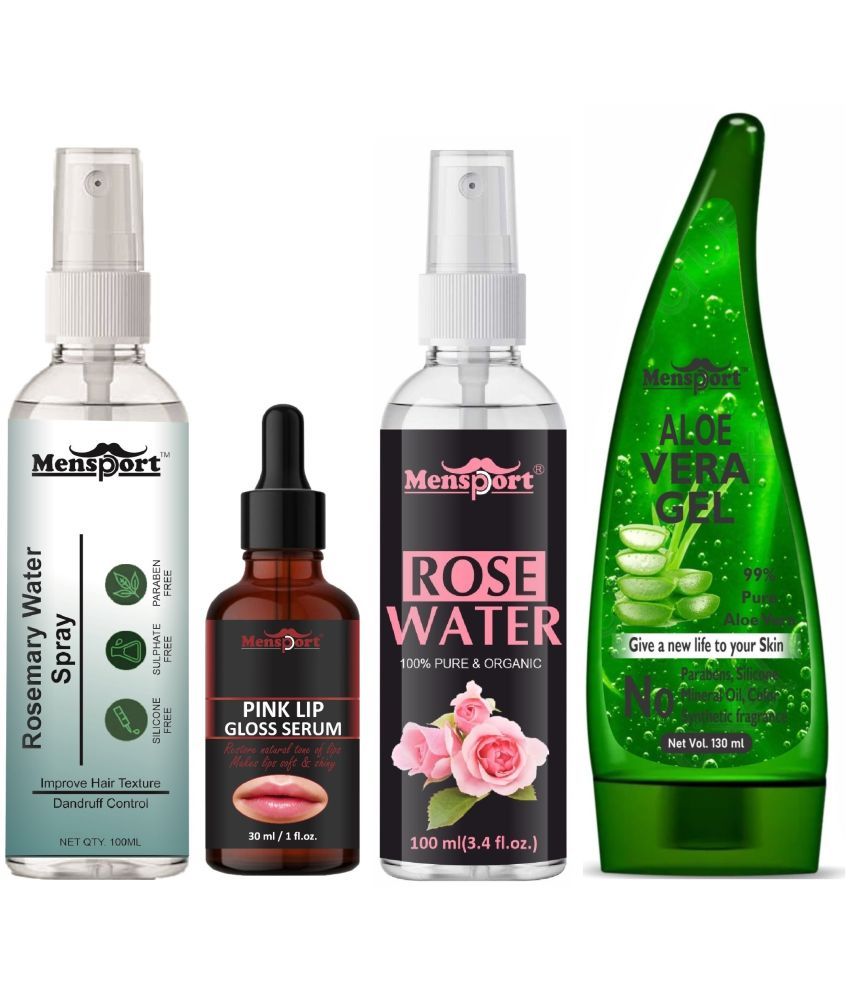     			Mensport Rosemary Water | Hair Spray For Hair Regrowth 100ml, Pink Lip Gloss Serum (Restore Natural Tone of Lips) 30ml, Natural Rose Water 100ml & Natural Aloe Vera Gel 130ml - Set of 4 Items