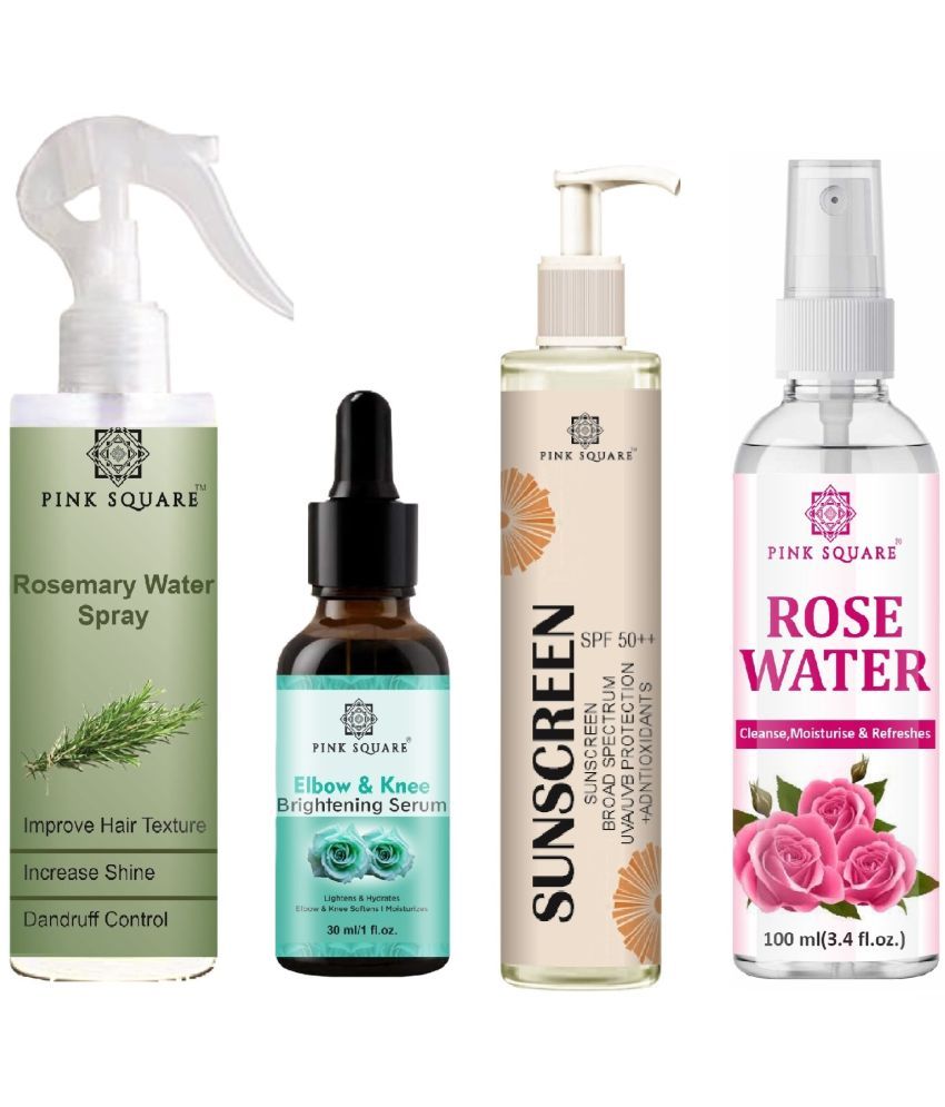     			Rosemary water Hair Spray for Hair Regrowth (100ml), Elbow and Knee Whitening Serum for Remove Taining (30ml), Sunscreen SPF 50 (100ml) & Rose water (100ml) Combo of 4