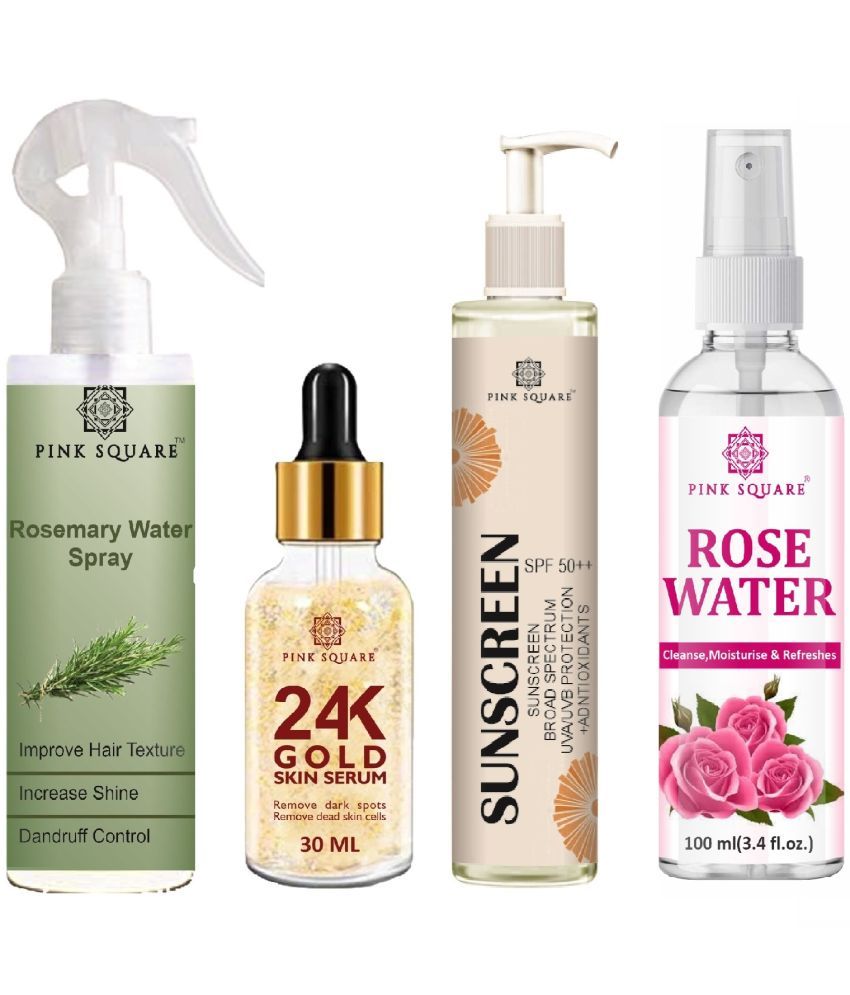     			Rosemary water Hair Spray for Hair Regrowth (100ml), 24K Gold Facial Serum for Remove Dead Skin Cells (30ml), Sunscreen SPF 50 (100ml) & Rose water (100ml) Combo of 4