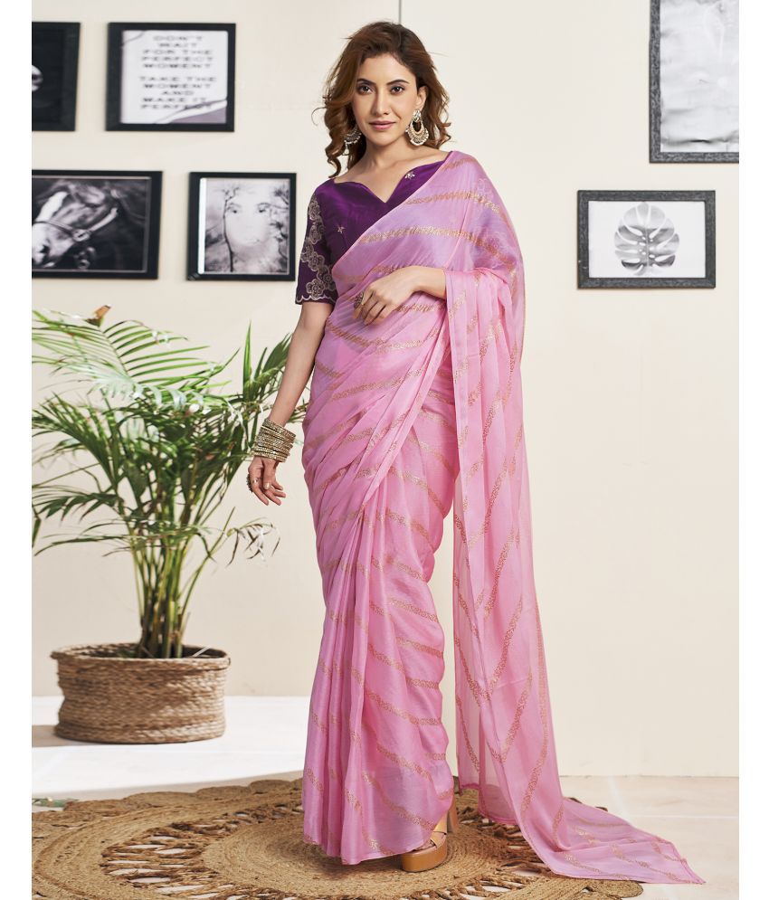     			Samah Chiffon Striped Saree With Blouse Piece - Pink ( Pack of 1 )