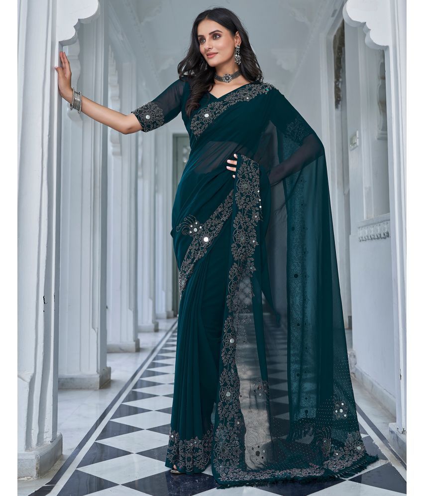     			Samah Georgette Embellished Saree With Blouse Piece - Rama ( Pack of 1 )