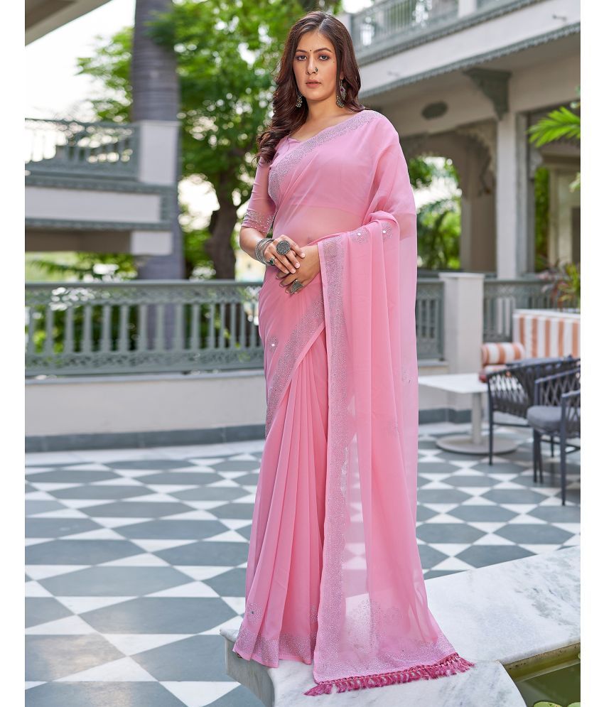     			Samah Georgette Solid Saree With Blouse Piece - Pink ( Pack of 1 )