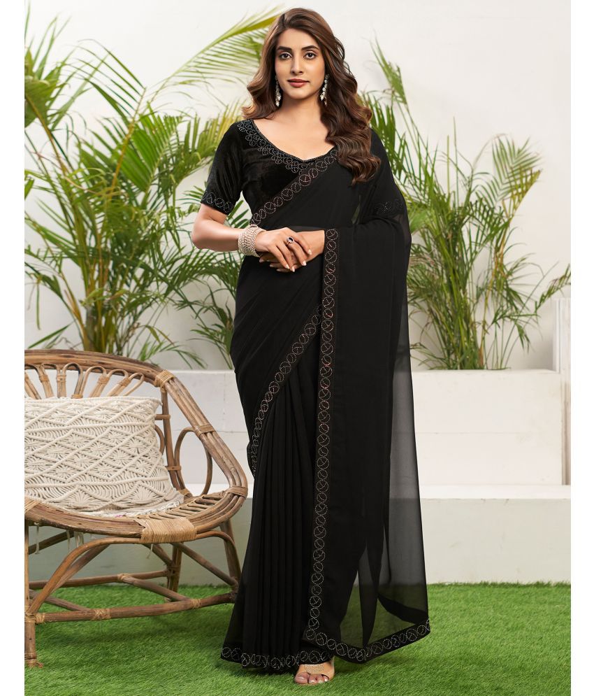     			Samah Georgette Solid Saree With Blouse Piece - Black ( Pack of 1 )