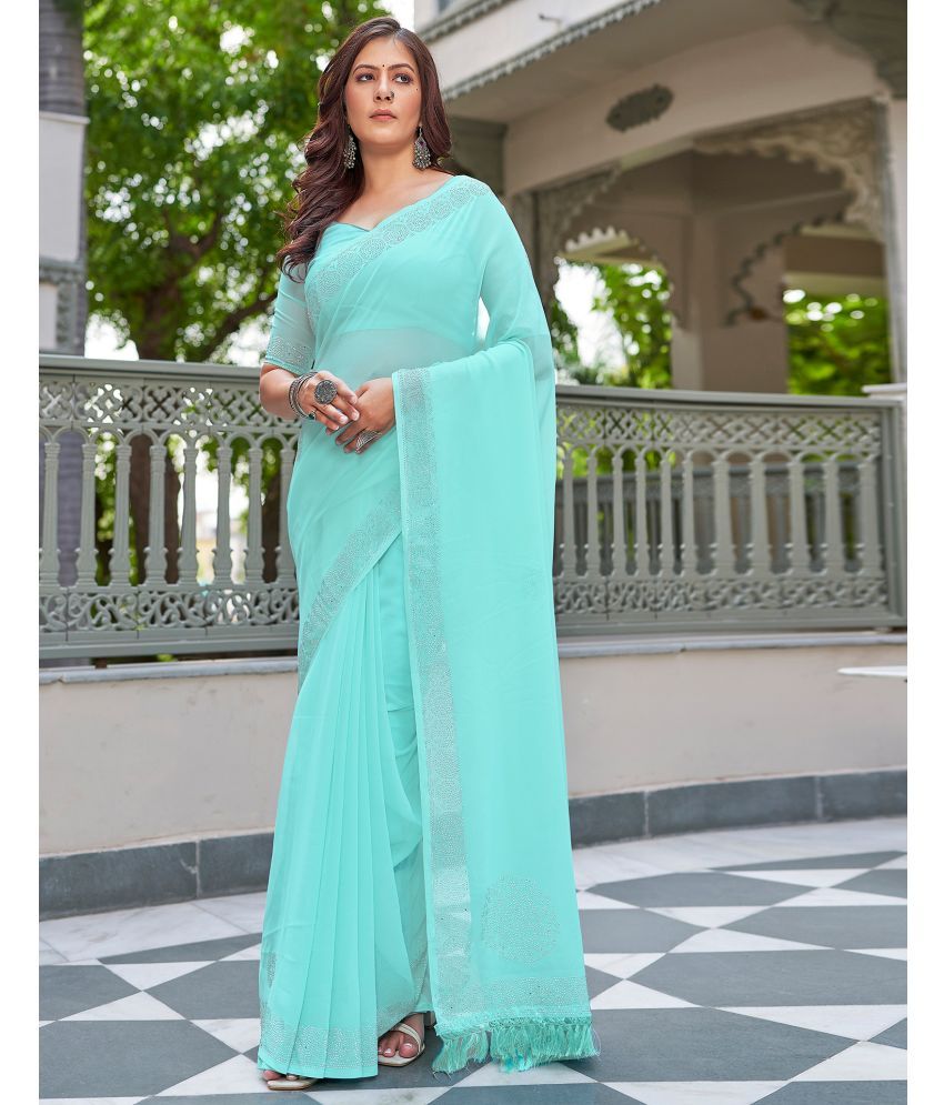     			Samah Georgette Solid Saree With Blouse Piece - Turquoise ( Pack of 1 )