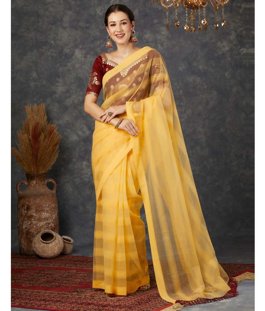     			Samah Net Woven Saree With Blouse Piece - Yellow ( Pack of 1 )