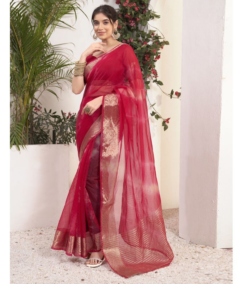     			Samah Organza Printed Saree With Blouse Piece - Pink ( Pack of 1 )