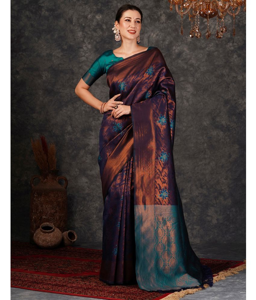     			Samah Silk Self Design Saree With Blouse Piece - Navy Blue ( Pack of 1 )