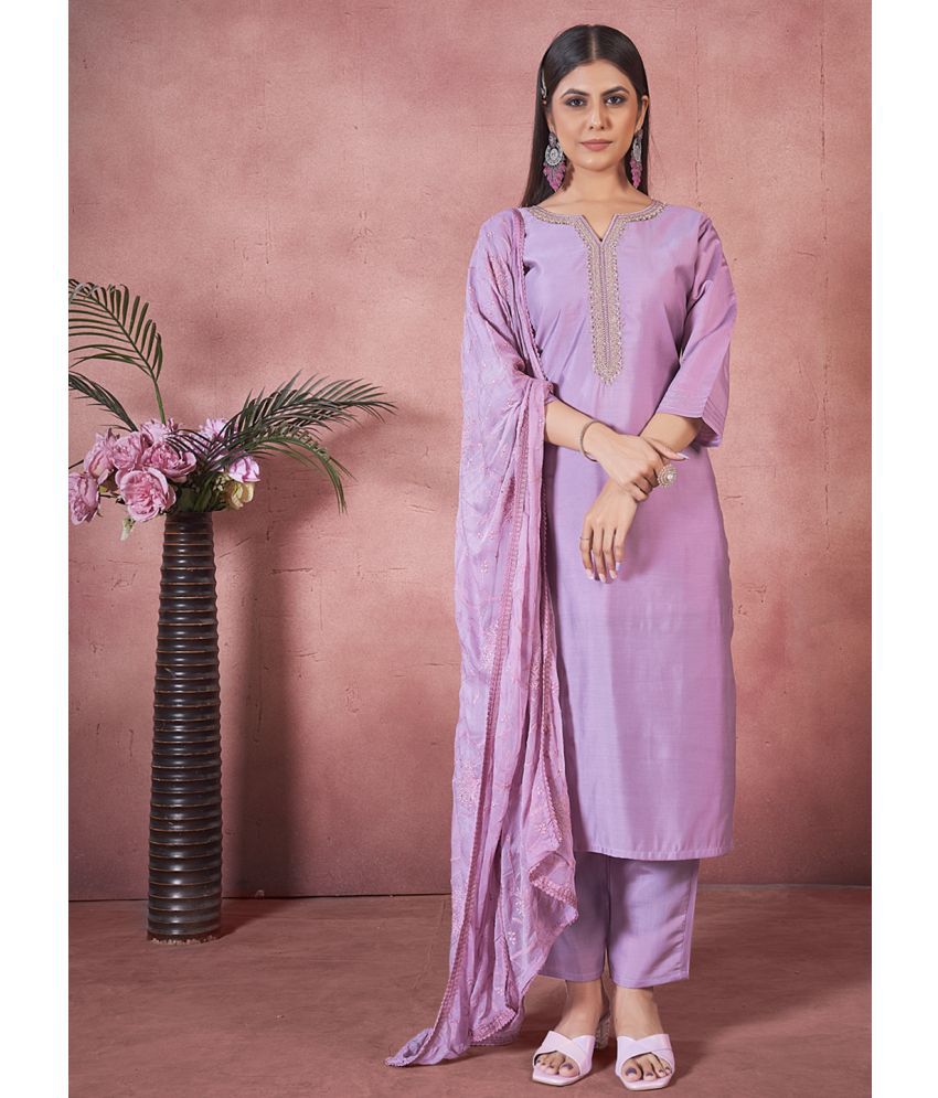     			Style Samsara Cotton Silk Embroidered Kurti With Pants Women's Stitched Salwar Suit - Lavender ( Pack of 1 )
