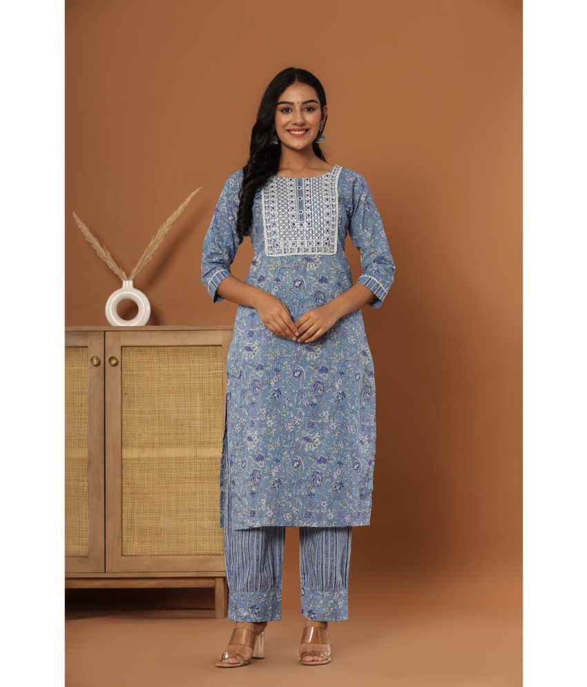     			Vashineh Cotton Printed Kurti With Pants Women's Stitched Salwar Suit - Blue ( Pack of 1 )