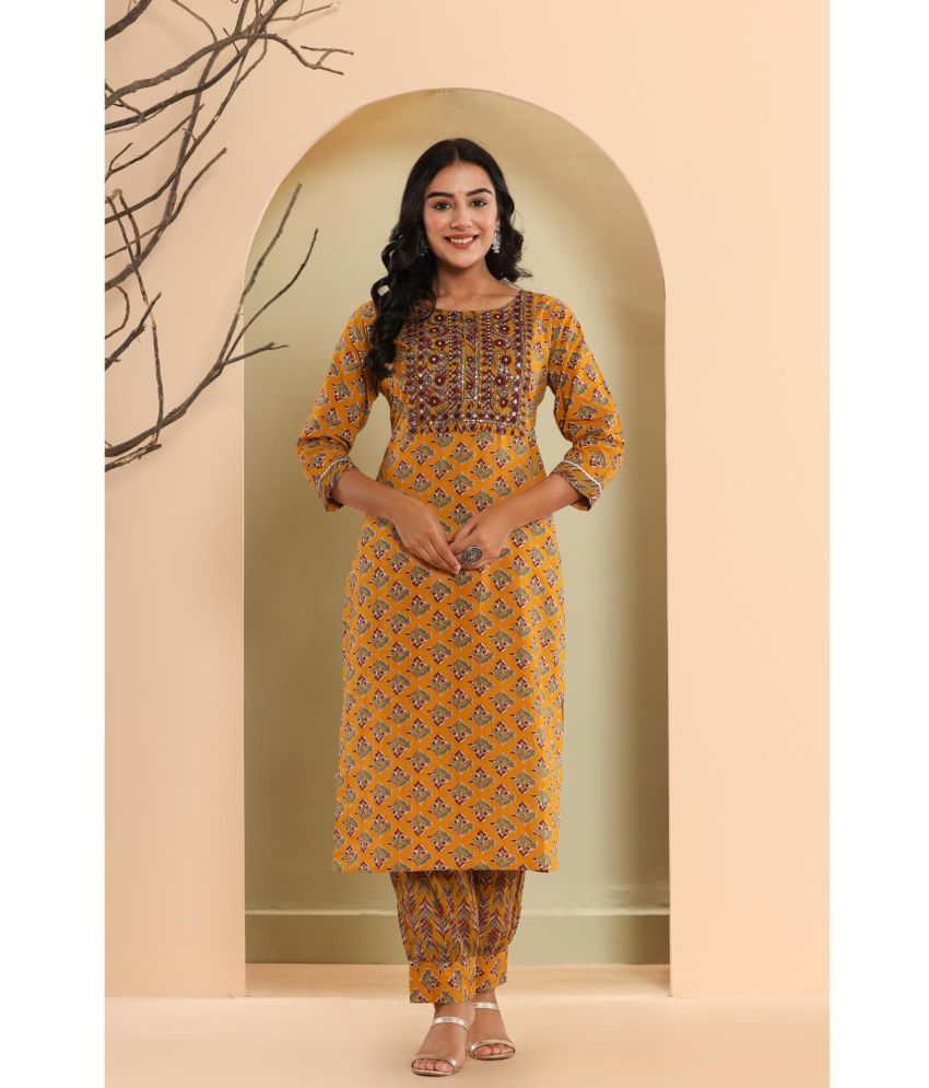     			Vashineh Cotton Printed Kurti With Pants Women's Stitched Salwar Suit - Brown ( Pack of 1 )
