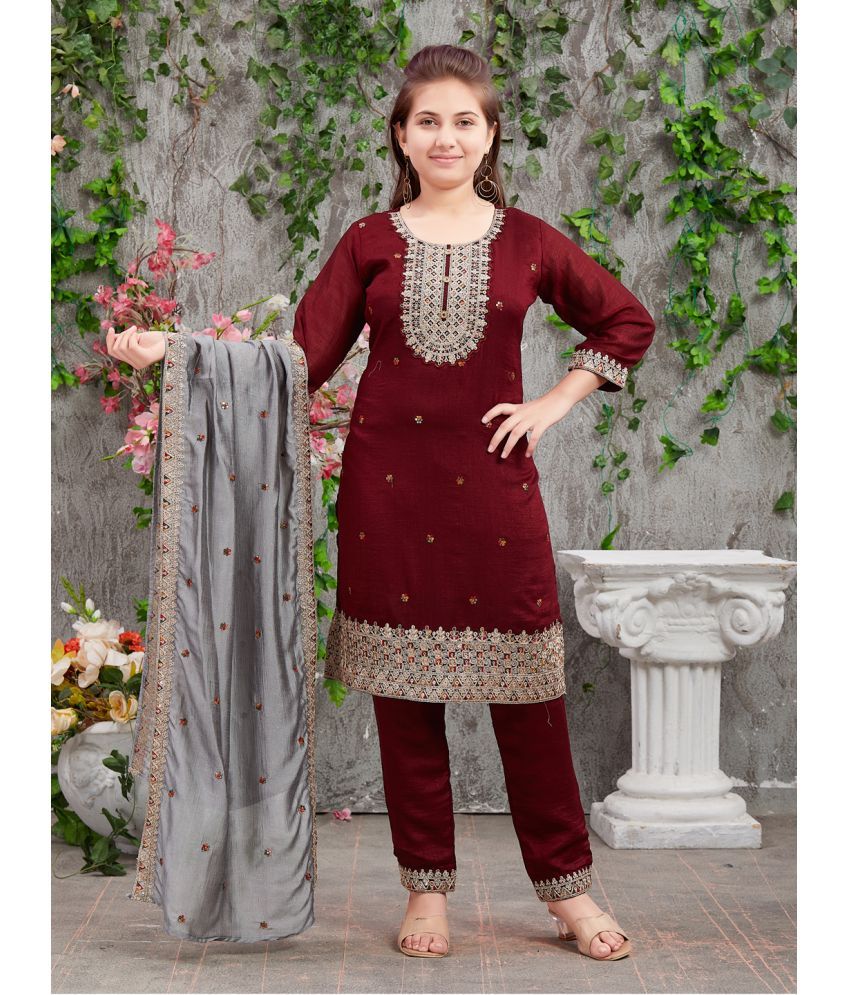     			Aarika Maroon Silk Girls Kurta and Pant Set ( Pack of 1 )