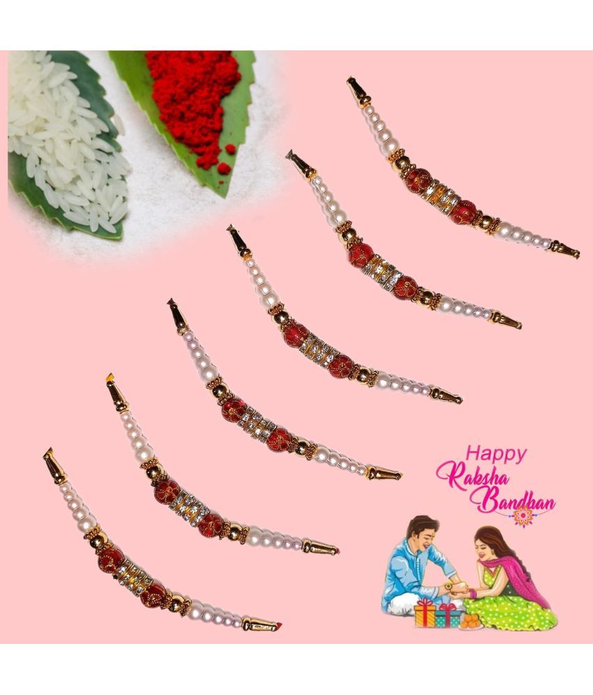     			DAYBETTER Bhaiya Bhabhi Rakhi Red 6 Pice Combo Rakhis Red stone with Roli and Chawal Pack of 6