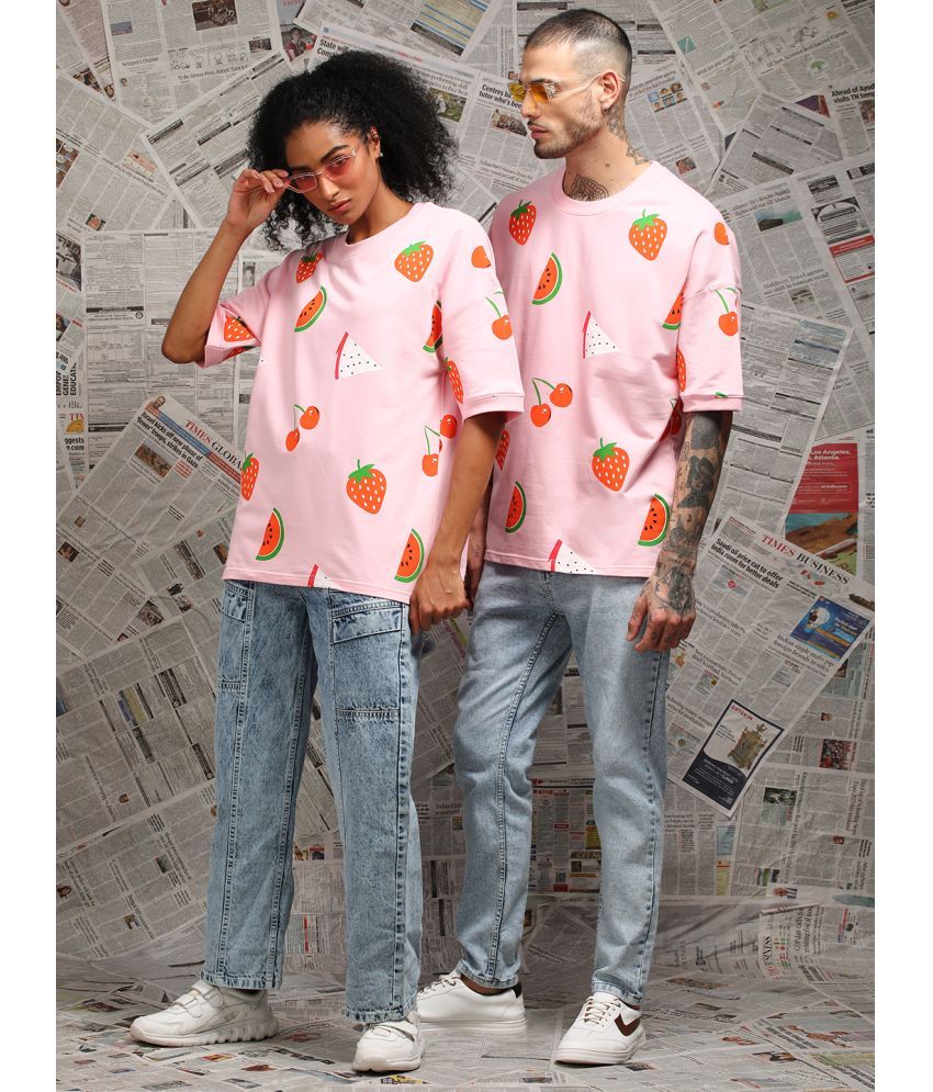     			Difference of Opinion Cotton Oversized Fit Printed Half Sleeves Men's T-Shirt - Pink ( Pack of 1 )