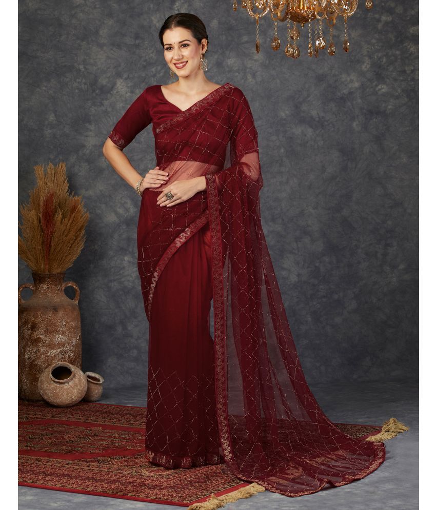     			Samah Net Embellished Saree With Blouse Piece - Red ( Pack of 1 )