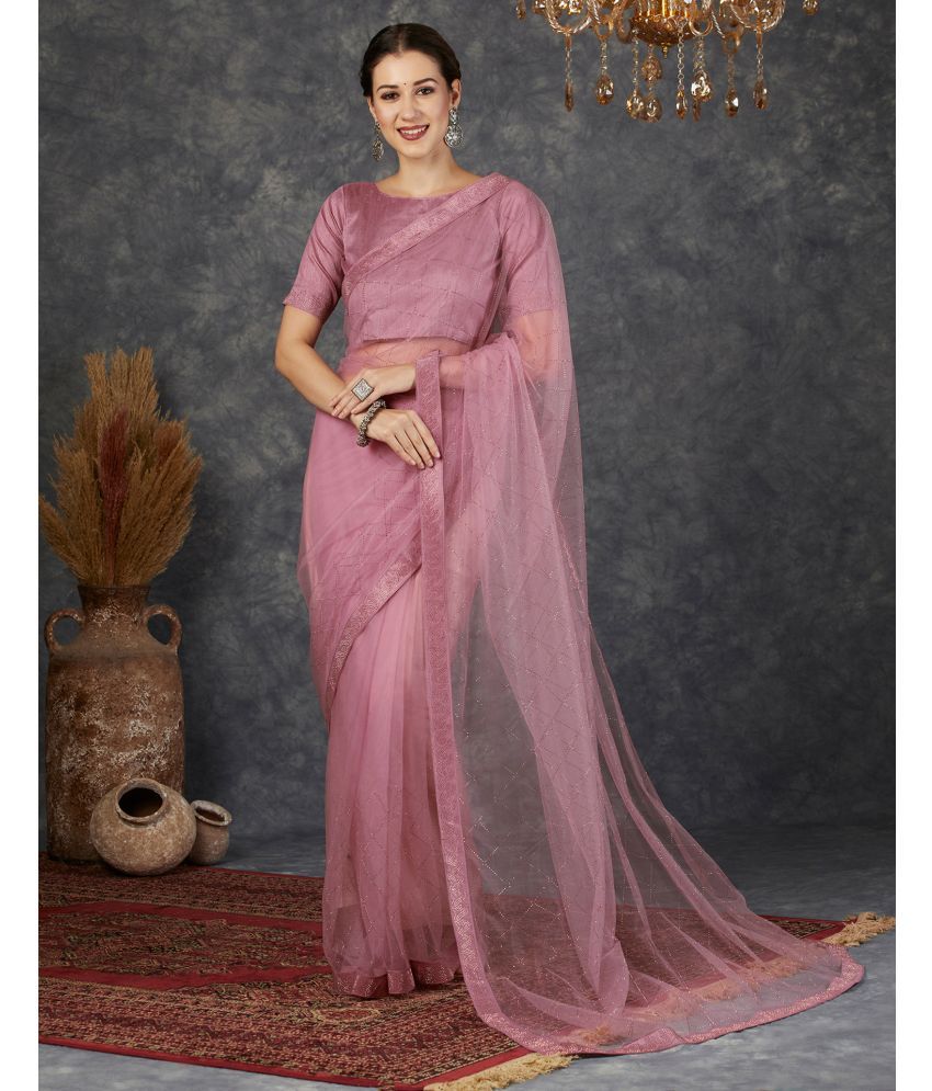     			Samah Net Embellished Saree With Blouse Piece - Pink ( Pack of 1 )