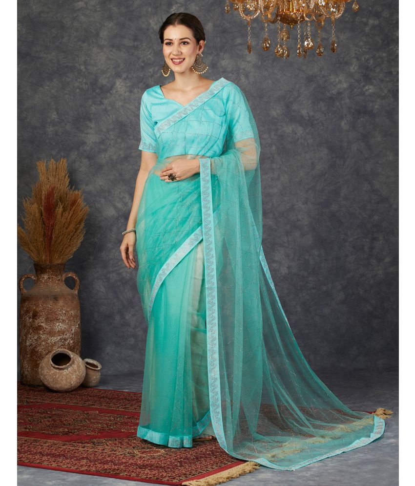     			Samah Net Embellished Saree With Blouse Piece - Turquoise ( Pack of 1 )