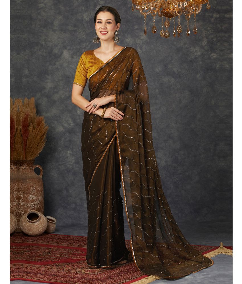     			Satrani Chiffon Embellished Saree With Blouse Piece - Brown ( Pack of 1 )