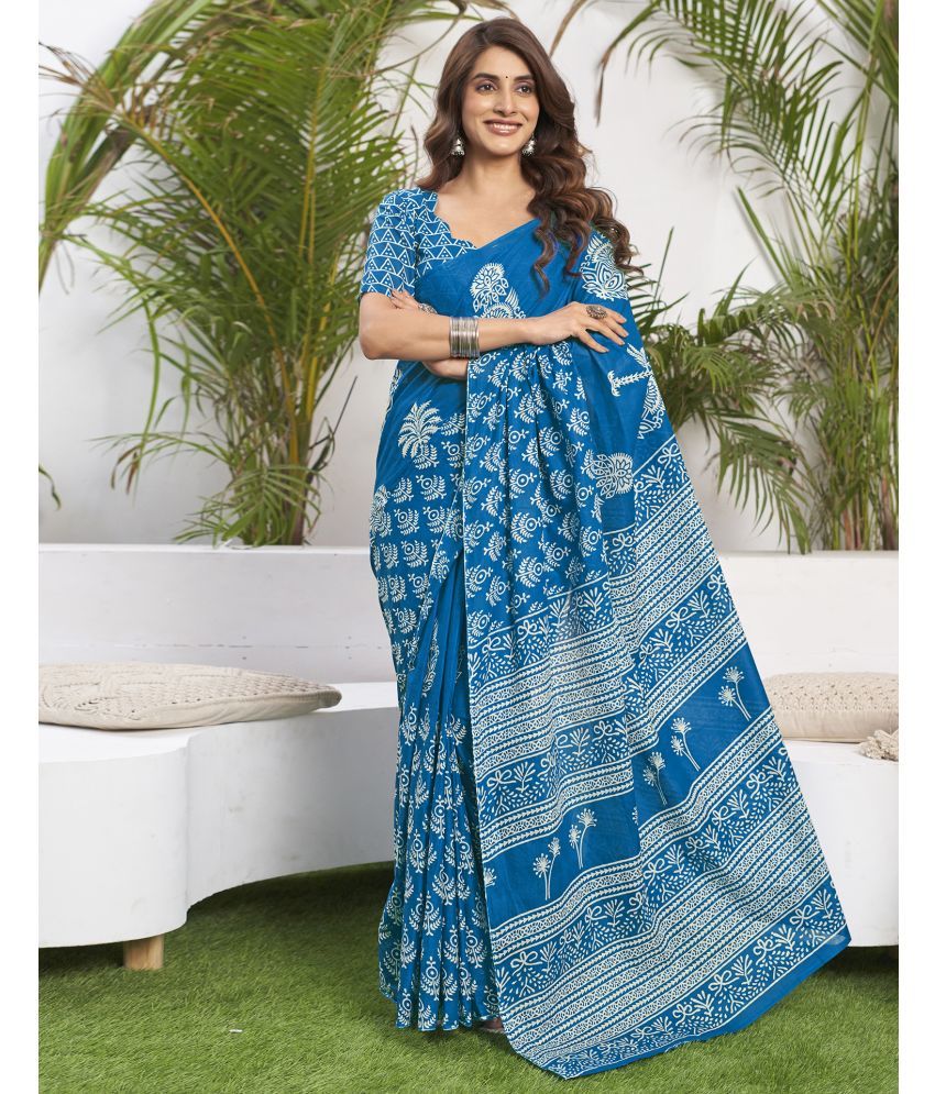     			Satrani Cotton Printed Saree With Blouse Piece - Blue ( Pack of 1 )