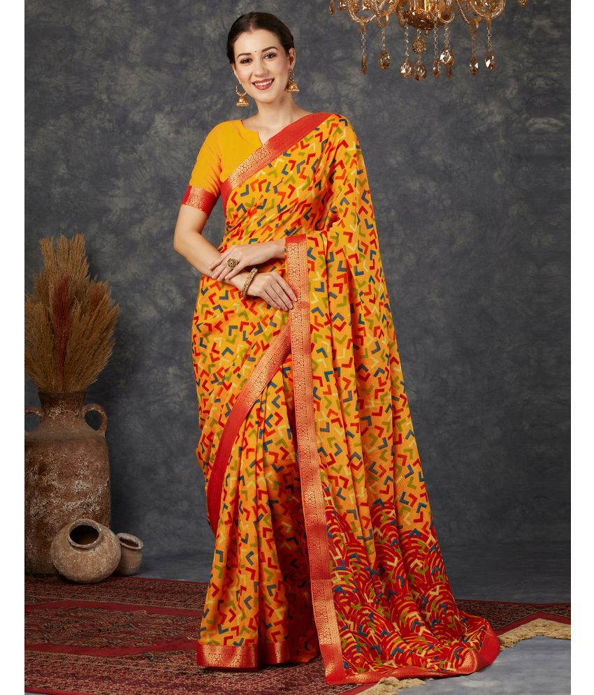     			Satrani Georgette Printed Saree With Blouse Piece - Yellow ( Pack of 1 )