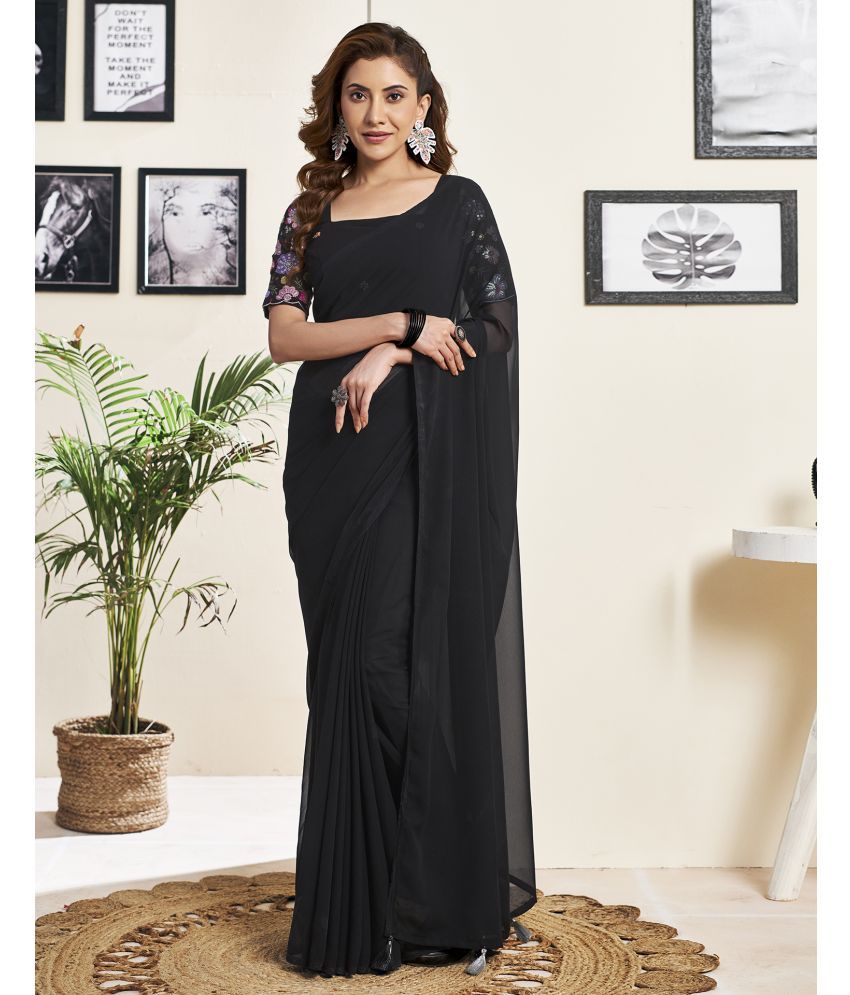     			Satrani Georgette Solid Saree With Blouse Piece - Black ( Pack of 1 )