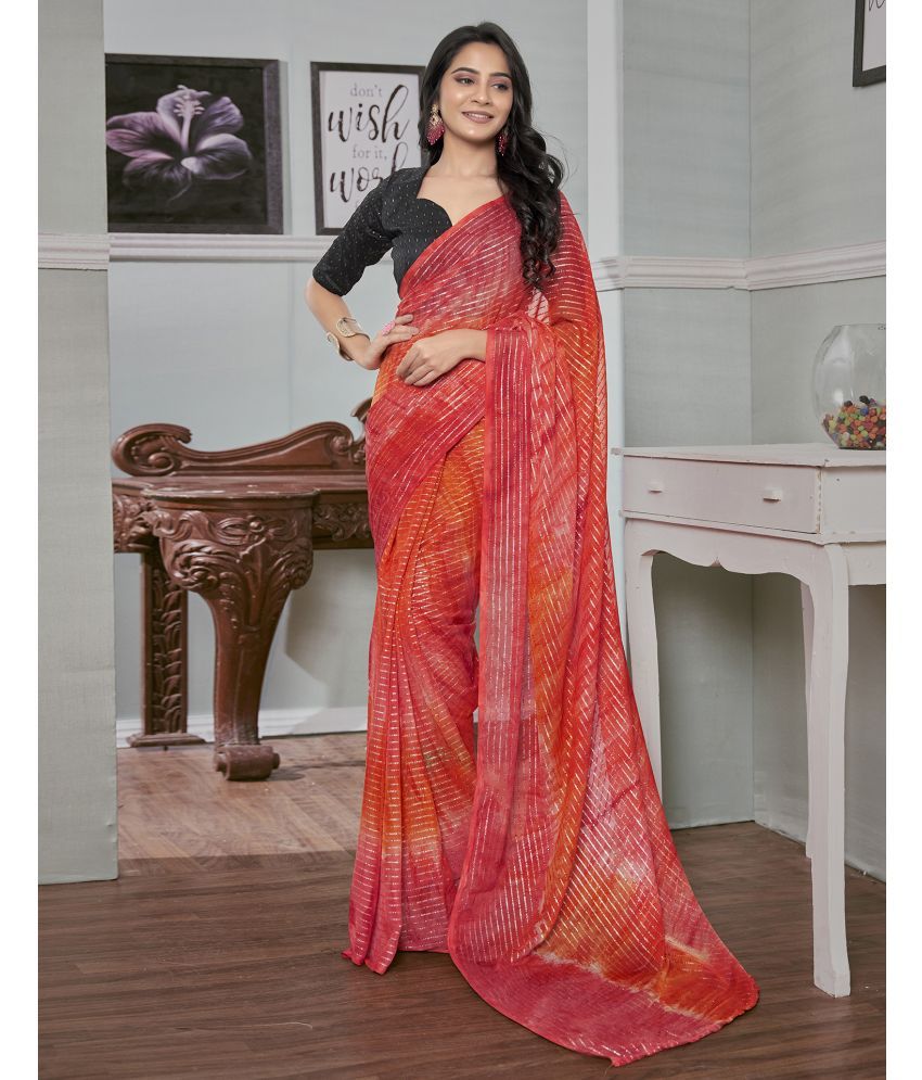     			Satrani Georgette Striped Saree With Blouse Piece - Coral ( Pack of 1 )