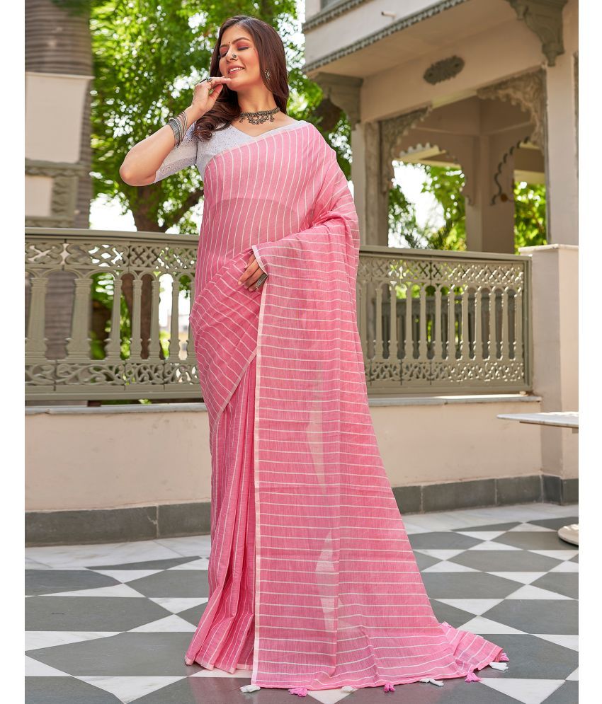     			Satrani Linen Woven Saree With Blouse Piece - Pink ( Pack of 1 )