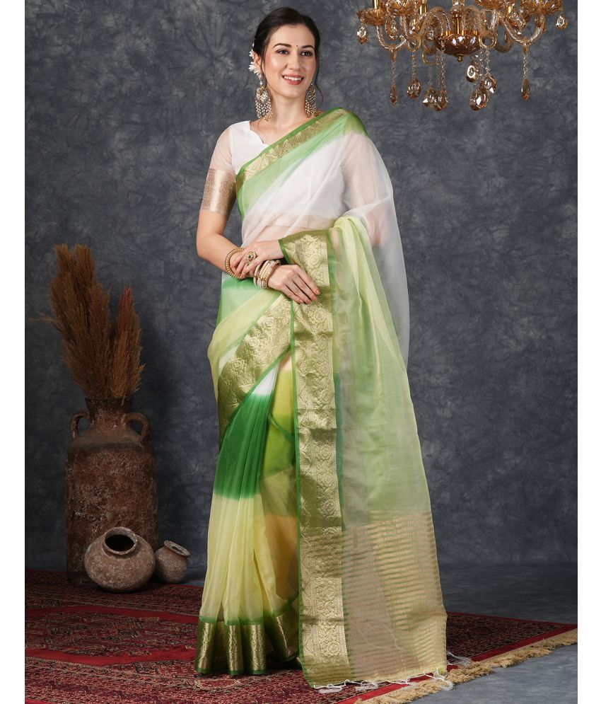     			Satrani Organza Solid Saree With Blouse Piece - Green ( Pack of 1 )