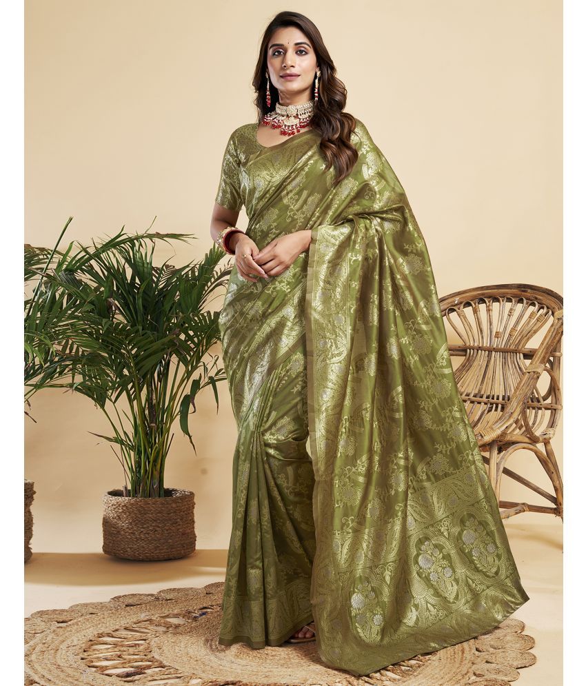     			Satrani Silk Self Design Saree With Blouse Piece - Olive ( Pack of 1 )