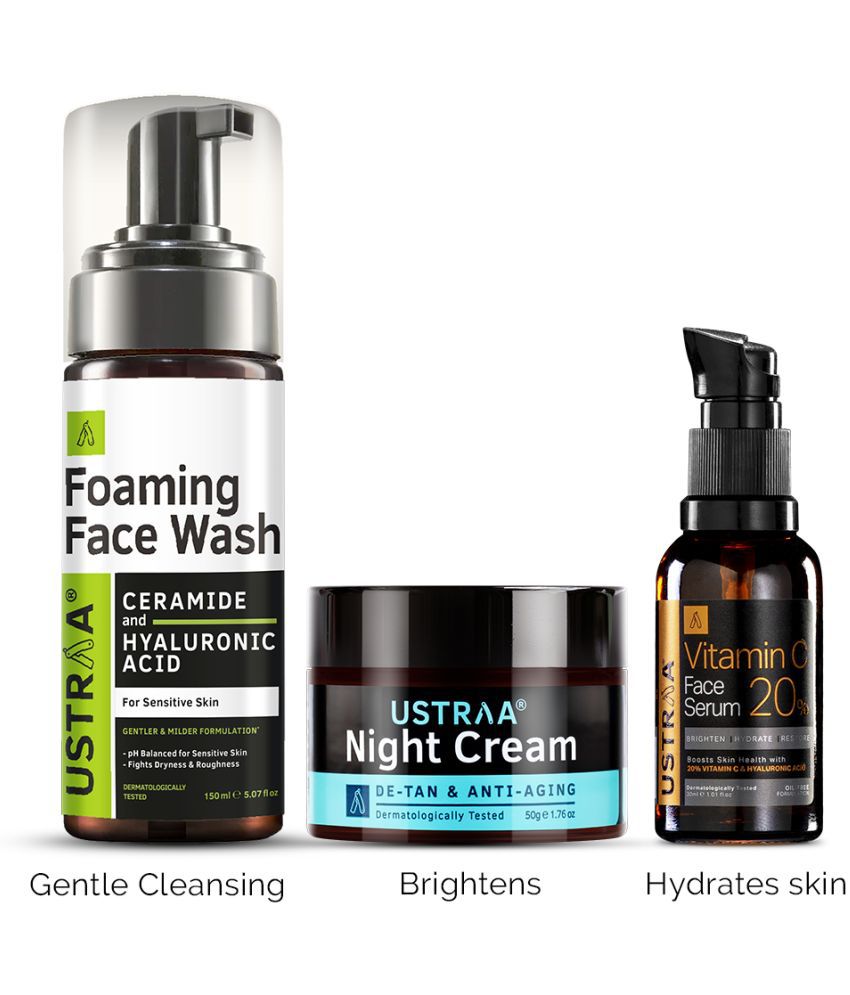     			USTRAA Foaming Face Wash - For Sensitive Skin - 150 ml, Night Cream - De-tan and Anti-aging - 50g & 20% Vitamin C Face Serum with Hyaluronic Acid - 30 ml