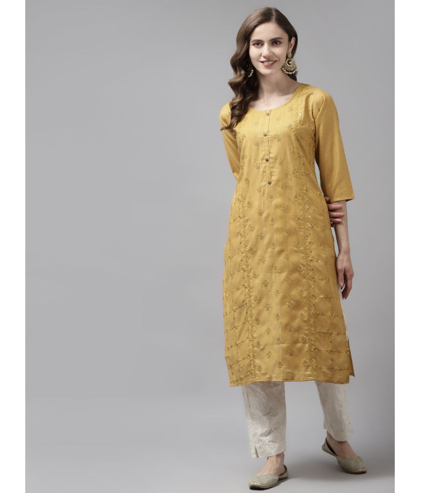     			Aarika Cotton Embroidered Straight Women's Kurti - Yellow ( Pack of 1 )