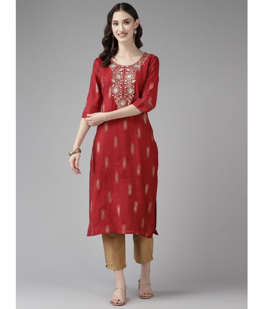     			Aarika Cotton Embroidered Straight Women's Kurti - Red ( Pack of 1 )