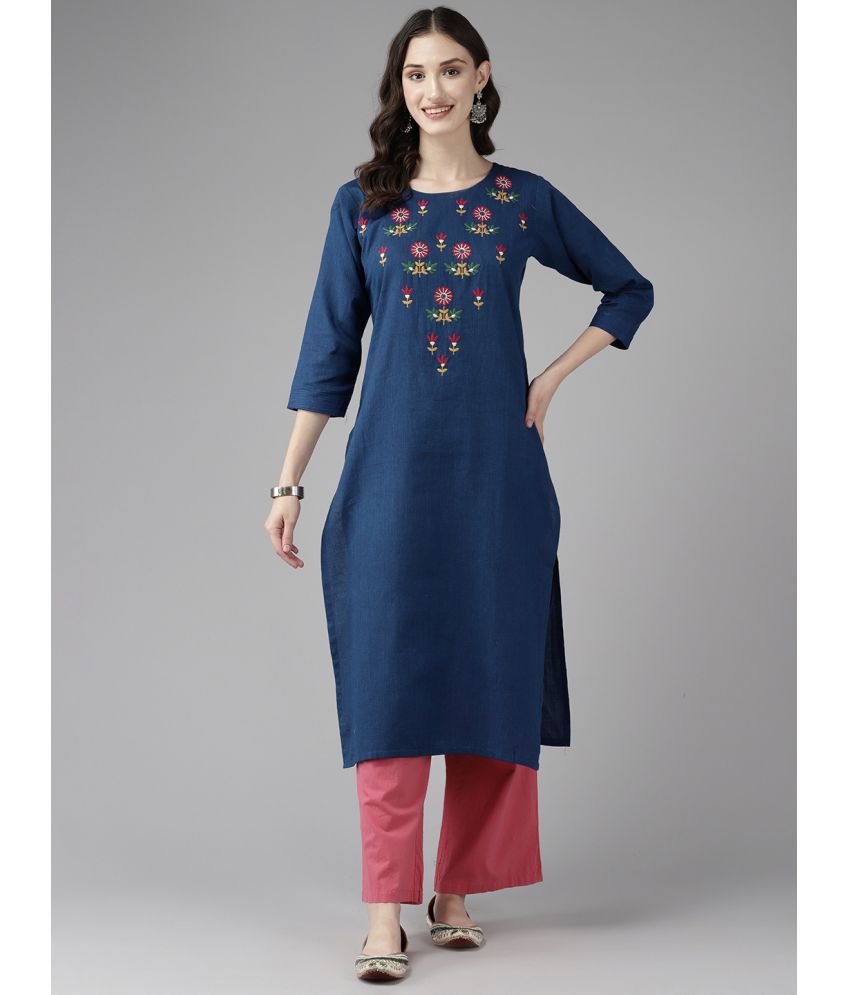     			Aarika Cotton Embroidered Straight Women's Kurti - Blue ( Pack of 1 )