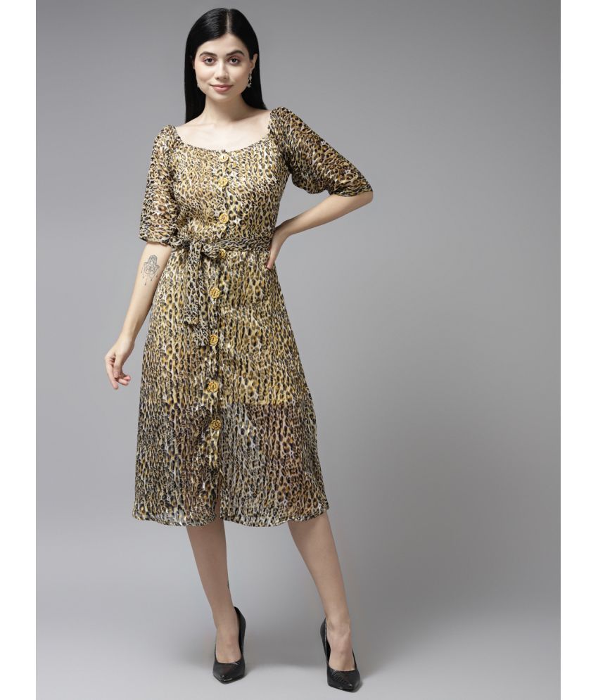     			Aarika Georgette Printed Midi Women's A-line Dress - Brown ( Pack of 1 )