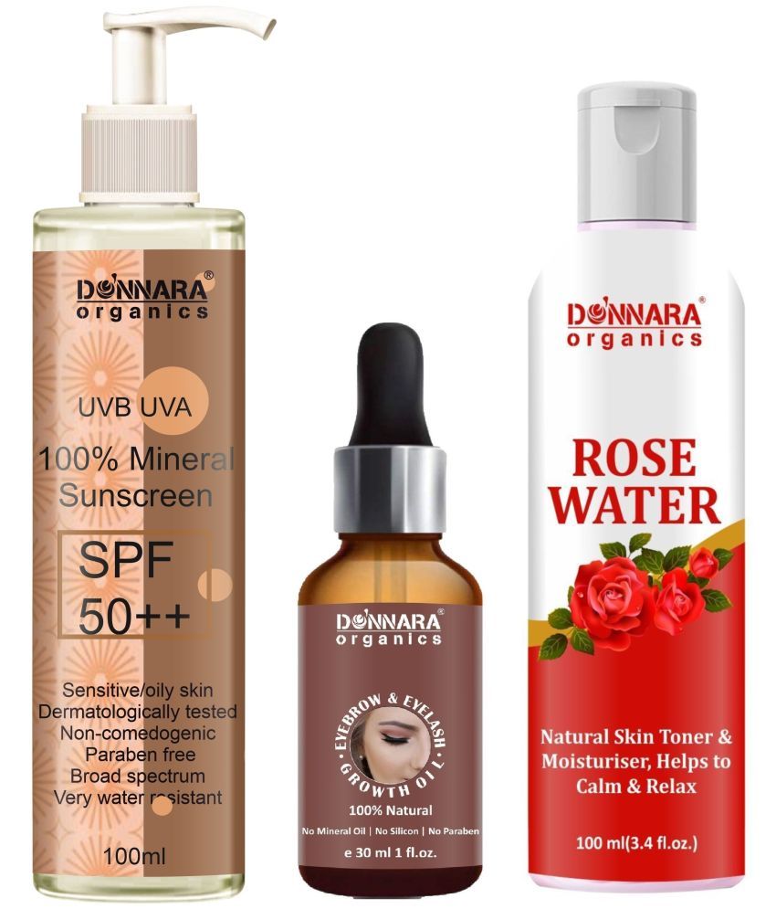     			Donnara Organics 100% Mineral Suncreen Cream UVB & UVA Protection with SPF 50++ 100ml, Eyebrow and Eyelash Growth Oil 30ml & Natural Rose Water 100ml - Combo of 3 Items