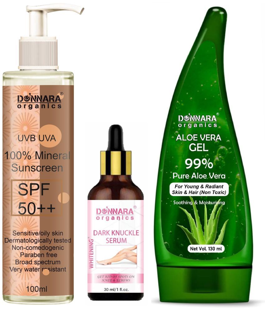     			Donnara Organics 100% Mineral Suncreen Cream UVB & UVA Protection with SPF 50++ 100ml, Dark Knuckle Skin Whitening Serum 30ml & Natural Aloe Vera Gel 130ml - Combo of 3 Items