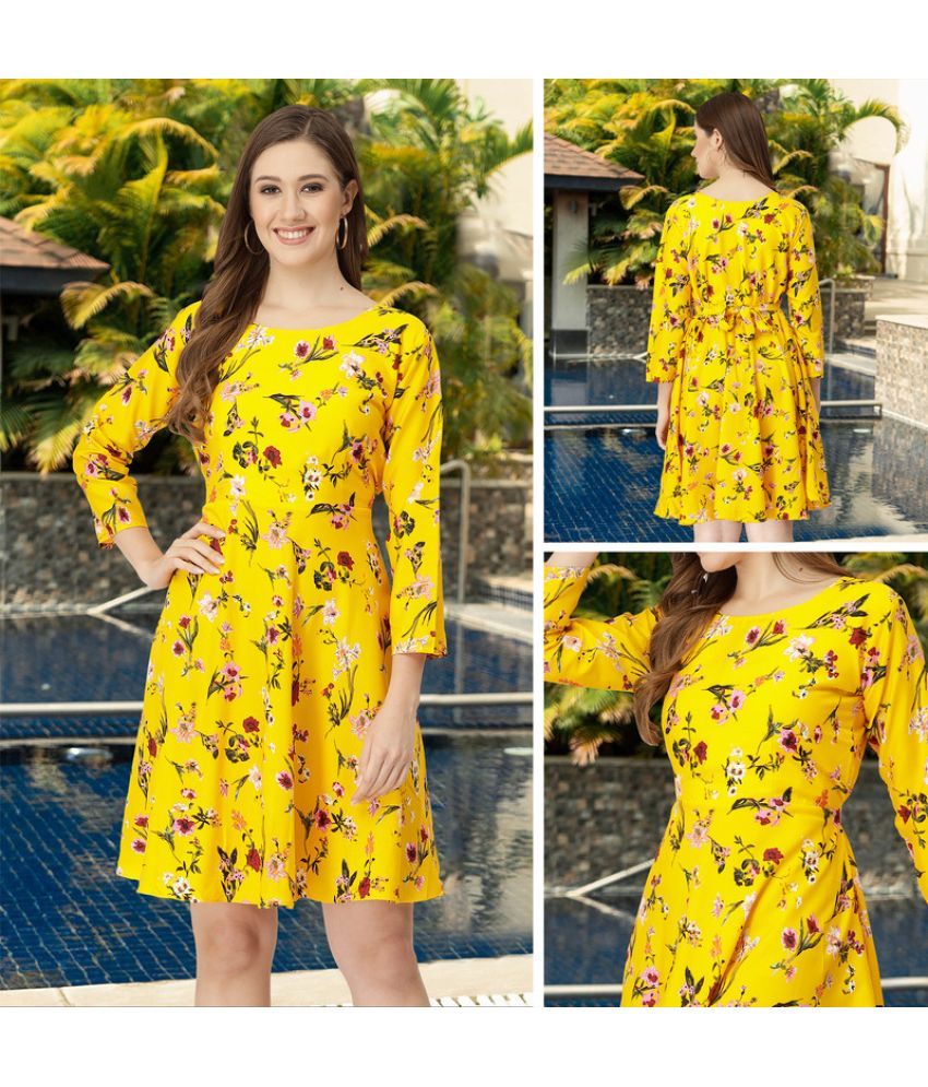     			MISS AYSE Crepe Printed Knee length Women's Fit & Flare Dress - Yellow ( Pack of 1 )