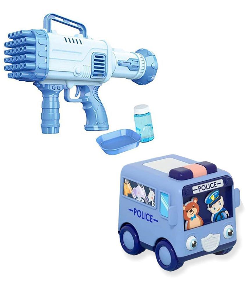     			RAINBOW RIDERS Combo Super Socket 32 Holes Blue Bubble Gun & Cartoon Mini Bus, Friction Powered Toys, Educational Toys  For Kids Boys Age 3+ Years